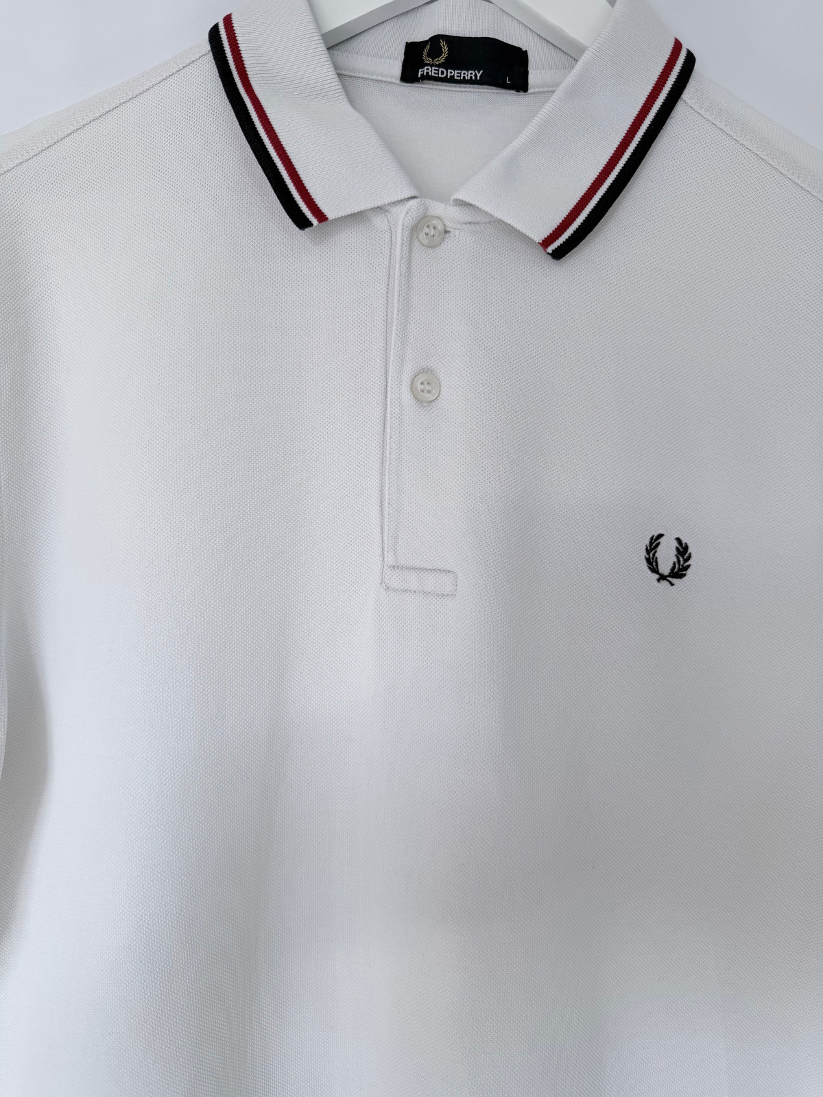 Fred Perry White Polo Shirt Black Red Tipped Collar Size L