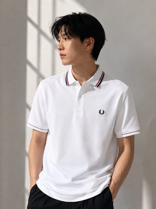 Fred Perry White Polo Shirt Black Red Tipped Collar Size L