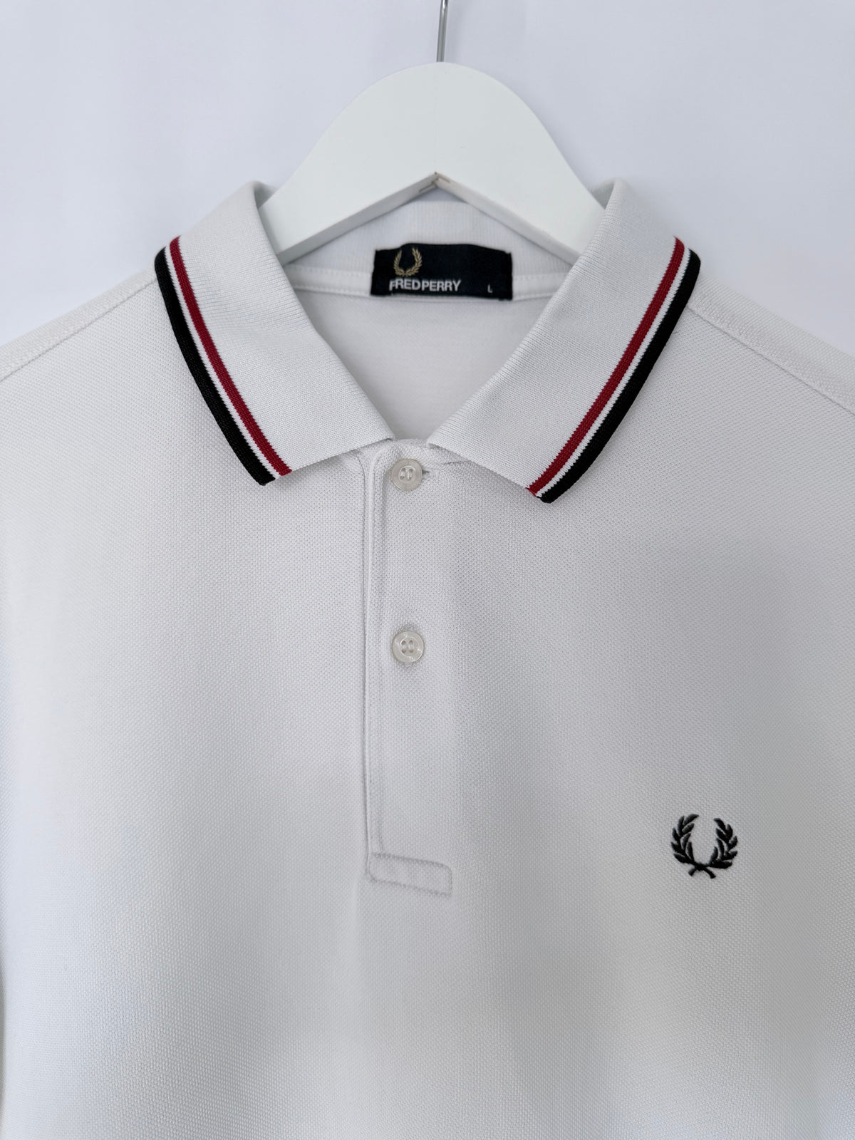 Fred Perry White Polo Shirt Black Red Tipped Collar Size L