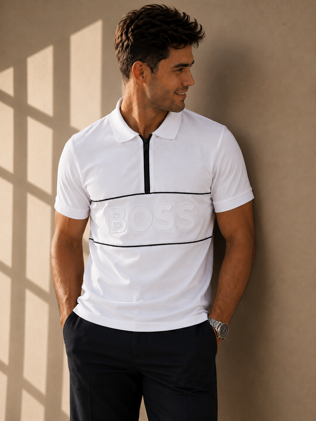 BOSS White Zip Polo Shirt Size L