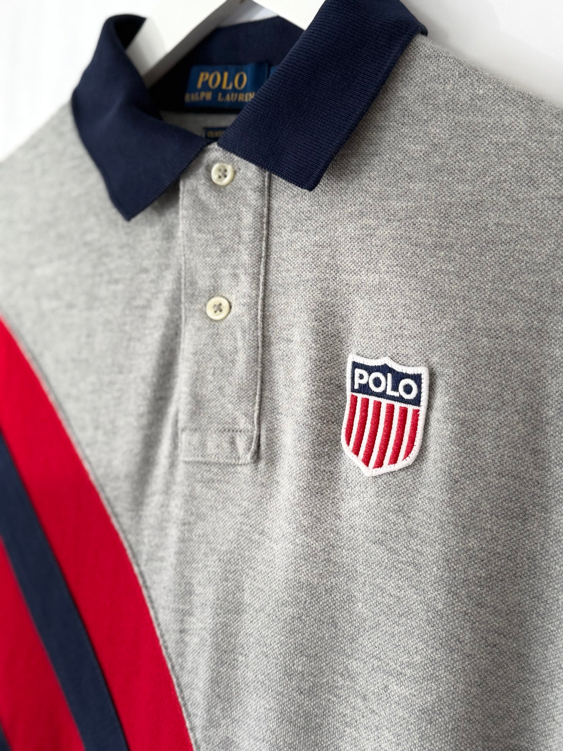 Polo Ralph Lauren grey polo shirt angled chest detail