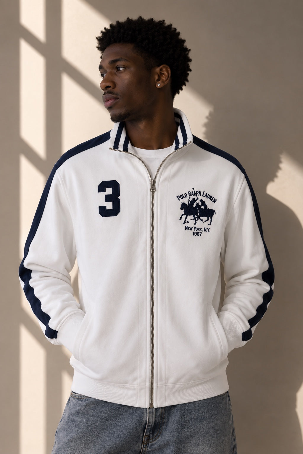 Polo Ralph Lauren white navy track jacket model front