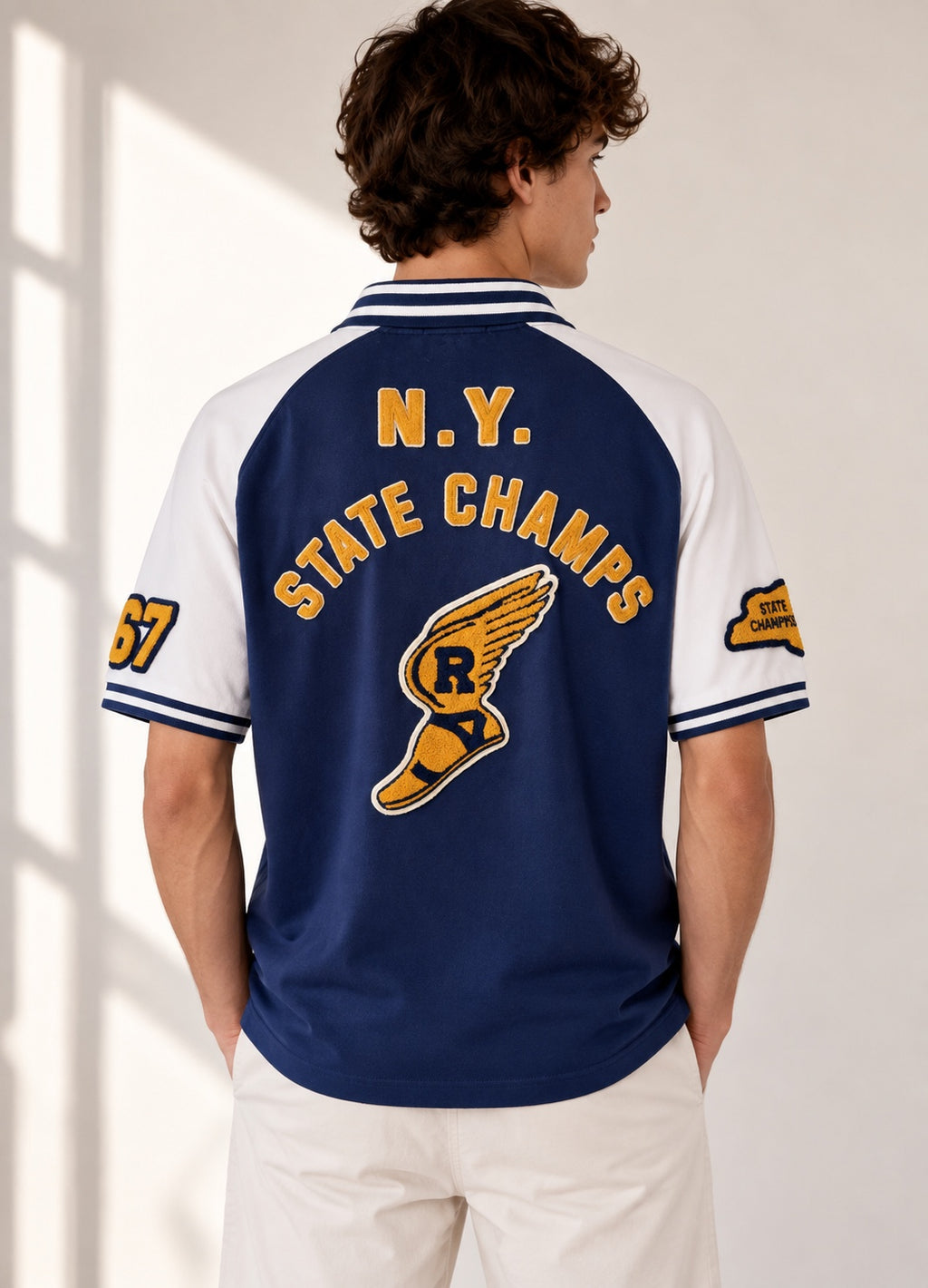 Polo Ralph Lauren navy and white varsity polo shirt model back
