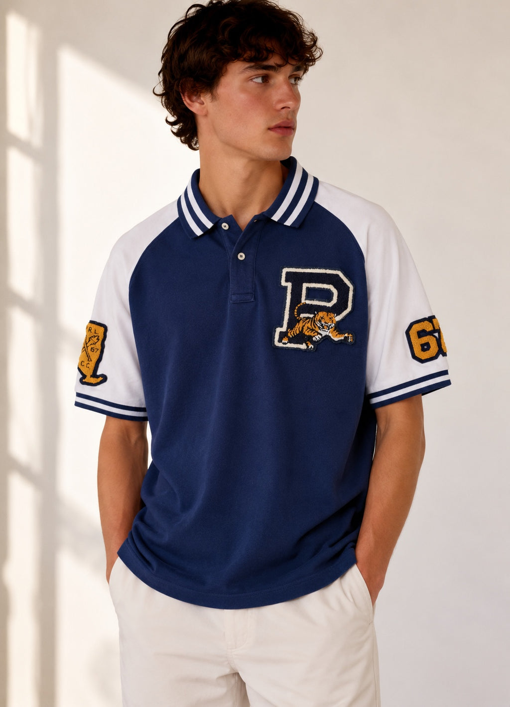 Polo Ralph Lauren navy and white varsity polo shirt model front